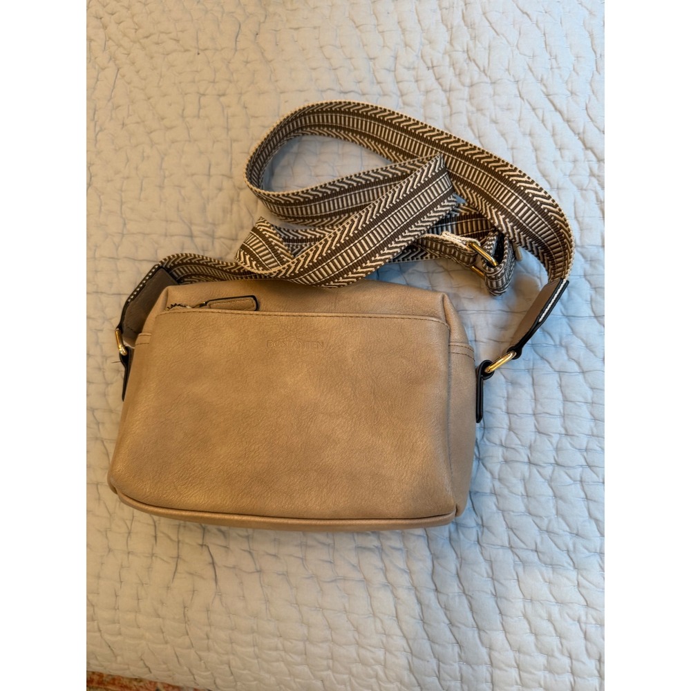 Bostanten Taupe Vegan Leather Crossbody Bag with Woven Guitar Strap
